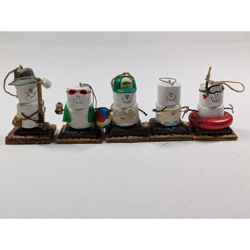 S’mores Original Christmas Snowman Ornaments Lot of 5 NEEDS TLC, Missing Broken